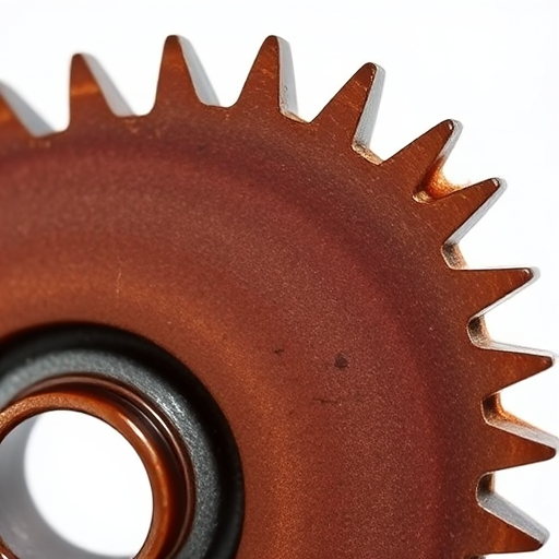 Create a detailed illustration of a circular gear with distinct pointed teeth, focusing on a rich brown hue, high contrast against a transparent background, shot with a DSLR camera at f/4 aperture, ISO 100, 50mm lens, natural lighting, and a macro view to emphasize texture and detail.