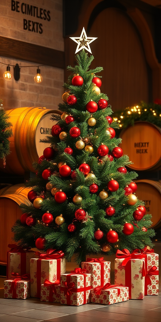 Generate an image of a festive Christmas scene featuring a beautifully decorated Christmas tree with red ornaments and a star on top. The tree is surrounded by wrapped presents and placed in a cozy setting with wooden barrels lining the walls. The background is illuminated with warm lighting, creating a cheerful holiday atmosphere.