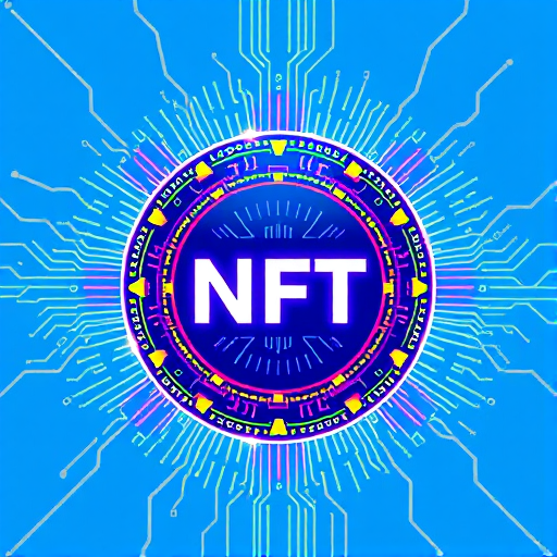 Create a vibrant digital illustration of a circular NFT token with the text "NFT" in the center, surrounded by intricate circuit patterns and rays of light, set against a bright blue background, captured with a digital camera at f/8 aperture, ISO 100, 50mm lens, in high-resolution with a macro style for enhanced detail.