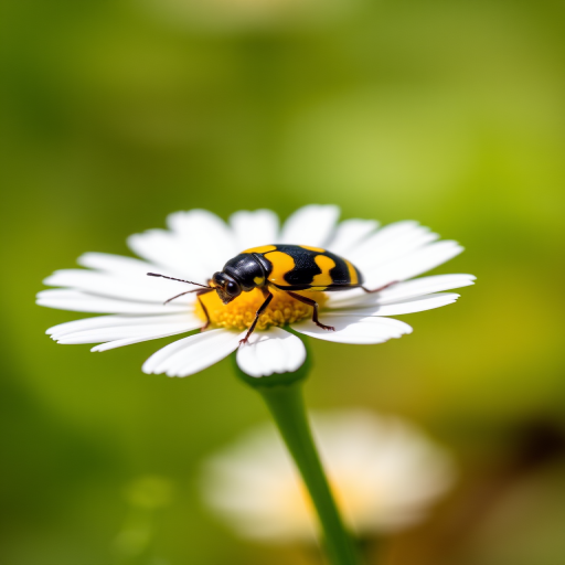 macro shot of a black and yellow striped bug on a white daisy, soft focus background, f-stop 3.5, shutter speed 1/200s, ISO 200, taken with a DSLR camera, 50mm lens, natural lighting