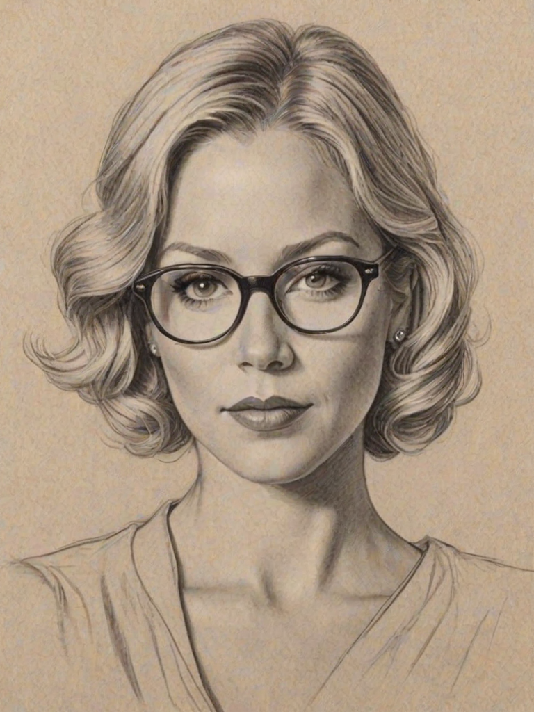 Magnificent Christina Applegate, pencil sketch, portrait of Splendid woman 1930s in glasses, hair style beatnik, outline, clear lines, fine lines, 8k