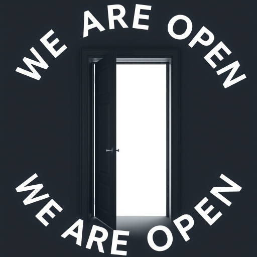 Create an image of an open door with the text "WE ARE OPEN" surrounding it in a circular pattern, captured with a Canon EOS R5, 50mm lens, f/1.8 aperture, ISO 100, top-down view, minimalistic style, high resolution.