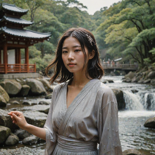 Ambient lighting,Kodak portra 800,(intricate details masterpiece best quality),ancient city of Kyoto is a treasure trove of traditional Japanese culture and architecture, with temples, shrines, and tea houses,side-profile,dressed in a sailor blouse with a pleated skirt and sailor hat,Grey,Wavy French Bob Vibes from 1920''',a woman Standing under a cascading waterfall feeling the cool droplets on her skin