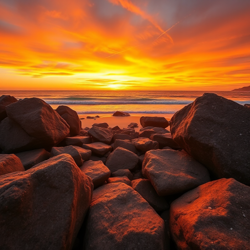 sunset over a beach with large rocks in the foreground, vibrant orange and yellow hues in the sky, calm ocean waves, taken with a Canon EOS 5D Mark IV, 24mm lens, aperture f/11, ISO 100, shutter speed 1/200s, wide-angle view, high dynamic range photography