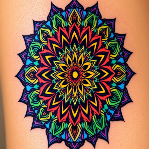 Psychedelic mandala tattoo with kaleidoscopic patterns and vibrant rainbow hues, incorporating sacred geometry and fractal designs for a mind-bending visual experience