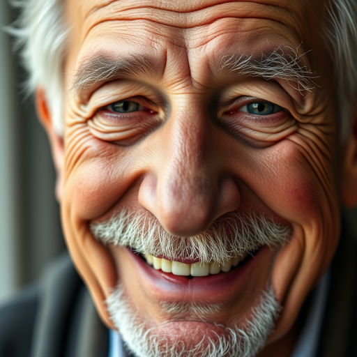 portrait of an elderly man with a warm smile, soft lighting, shallow depth of field, 50mm lens, f/1.8, ISO 200, natural light, DSLR camera, close-up view