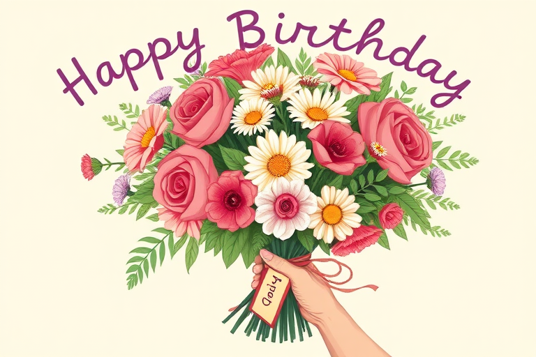 Create a colorful illustration of a birthday bouquet featuring a variety of flowers such as roses, daisies, and greenery. Include a hand holding the bouquet, and add a tag that says For You. The background should be a soft cream color with the words Happy Birthday in a playful font above the bouquet.