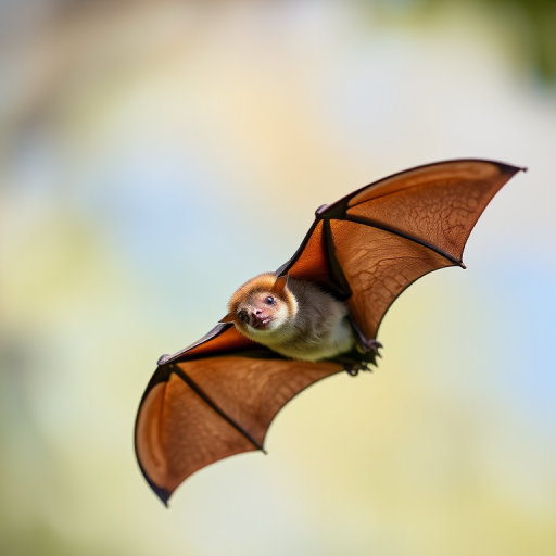 Create a high-resolution image of a bat in flight with detailed wing structure, using a macro lens at f/2.8, shutter speed 1/1000s, ISO 200, captured from a low angle to emphasize its features, in natural light for enhanced clarity and contrast.