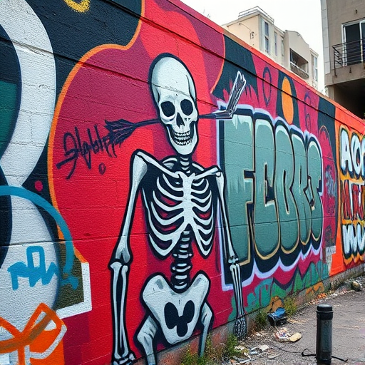 Create a high-resolution image of a graffiti mural featuring a skeletal figure with an arrow through its head, painted in a vibrant urban setting, captured with a DSLR camera, 50mm lens, f/1.8 aperture, ISO 200, at a 45-degree angle, utilizing natural light for enhanced colors and details.