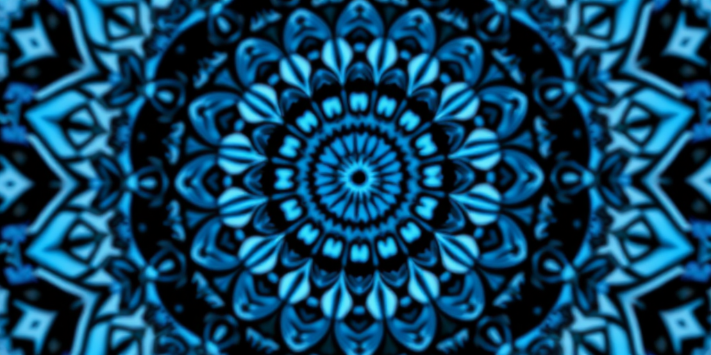 Create a high-resolution circular mandala design featuring intricate patterns in shades of blue and black, using a DSLR camera with a 50mm lens, aperture set to f/2.8, ISO 100, and a shallow depth of field for enhanced detail and clarity.