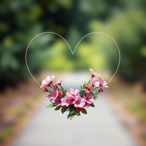 Create a geometric heart outline with a floral arrangement of pink flowers and green foliage at the base, captured in high resolution with a DSLR camera at f/2.8 aperture, 50mm lens, soft lighting, and a focus on vibrant colors.