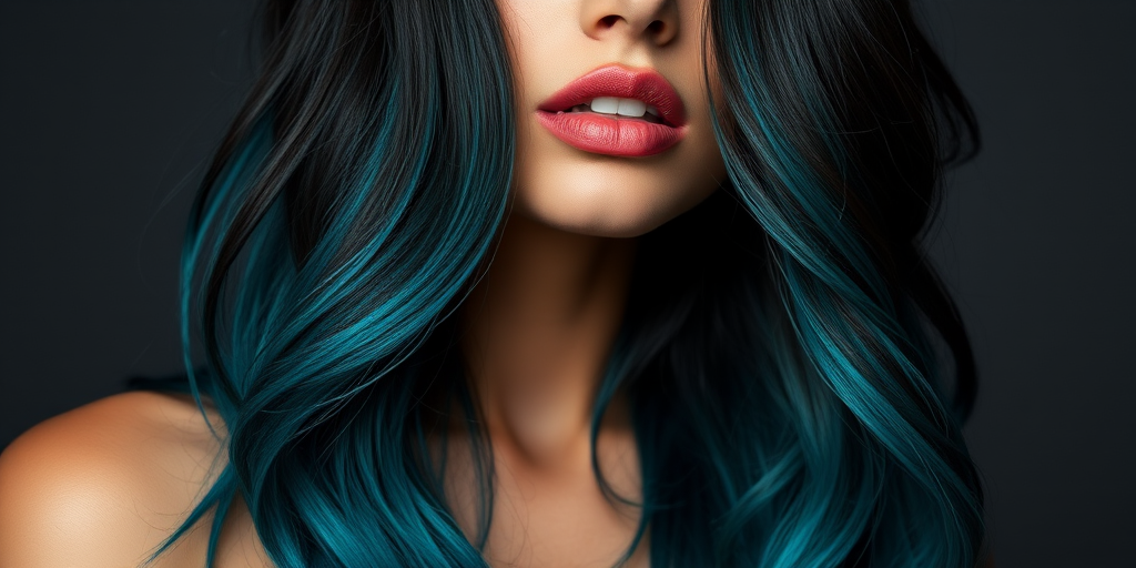 Sultry ombré-haired siren with waist-length locks transitioning from deep black roots to vibrant teal tips