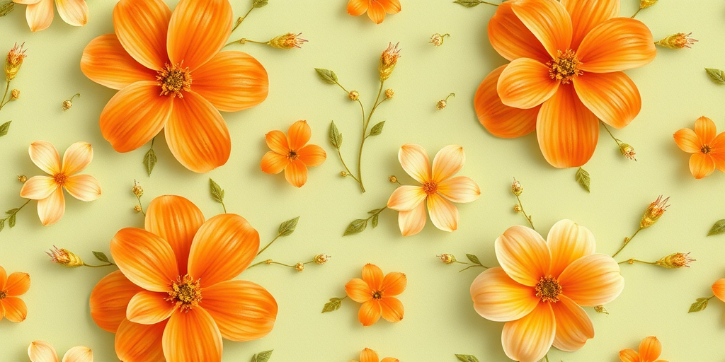 Create a repeating floral pattern with large orange and cream flowers, small green leaves, and delicate yellow and blue accents on a soft green background, captured in high resolution with a macro lens, f/2.8 aperture, 50mm focal length, natural light.