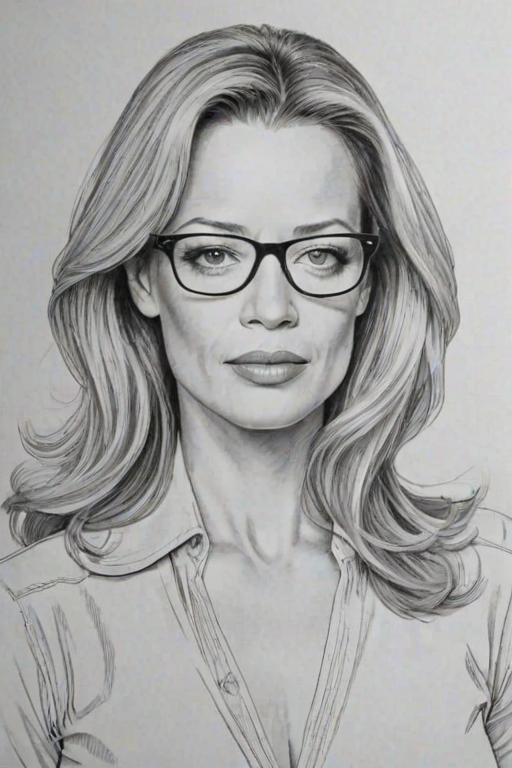 Elegant Jeri Ryan, pencil sketch, portrait of Alluring woman 1978s in glasses, hair style beatnik, outline, clear lines, fine lines, 8k
