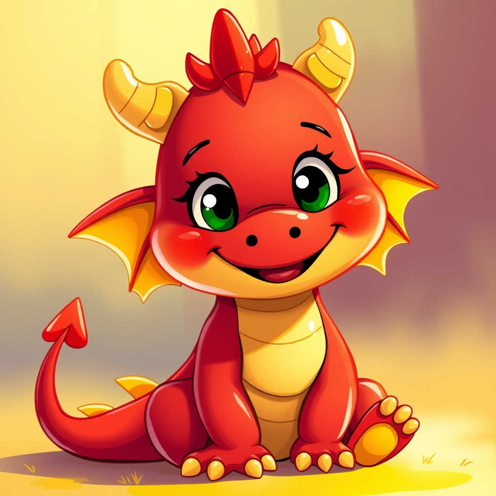 Create a vibrant digital illustration of a friendly red dragon with yellow accents, sitting happily with a playful expression, using a Canon EOS R5 camera with a 50mm lens, f/1.8 aperture, 1/200 sec shutter speed, ISO 100, capturing a close-up view with bright colors and high contrast.