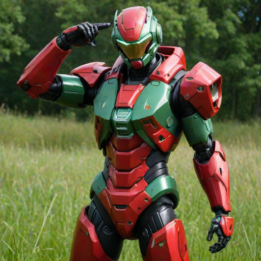 green grass, red plugsuit, light smile, hands behind the head, from side,  dutch angle, mecha in background