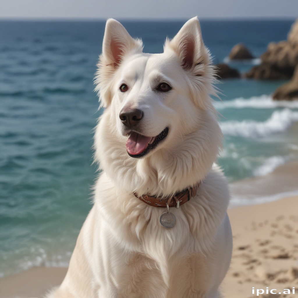 A Happy Dog Enjoying a Beautiful Day at the Beach by the Ocean.