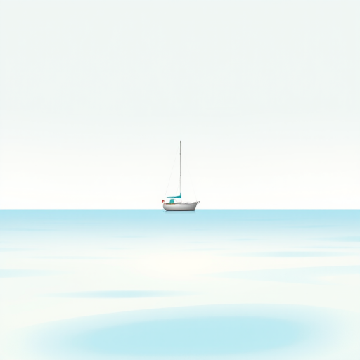 A minimalist illustration of a small sailboat in the center, surrounded by a light blue ocean with a soft, warm-toned abstract background, shot with a DSLR camera using a 50mm lens at f/1.8, ISO 100, capturing a clean and vibrant aesthetic.