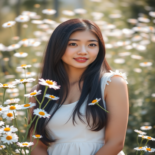 portrait of a young woman with long black hair wearing a white dress, surrounded by blooming white daisies in a sunny garden, 50mm lens, f/1.8, ISO 100, soft focus background, natural lighting