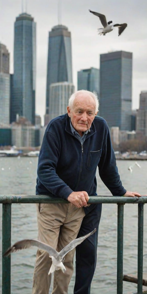 an elderly man leaning on a railing by the water with a city skyline in the background and seagulls flying around him on a cloudy day