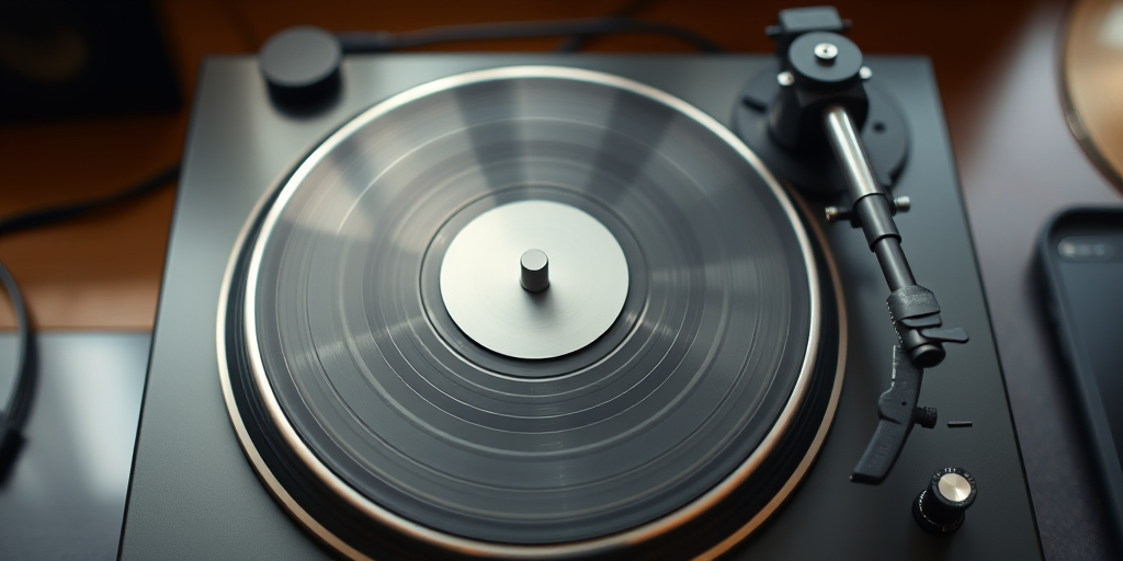 Create a high-resolution image of a vintage turntable from a top-down view with a focus on the detail of the platter and tonearm, using a DSLR camera set to f/8 aperture, ISO 100, and 1/125 shutter speed, with natural lighting and a shallow depth of field for enhanced clarity.