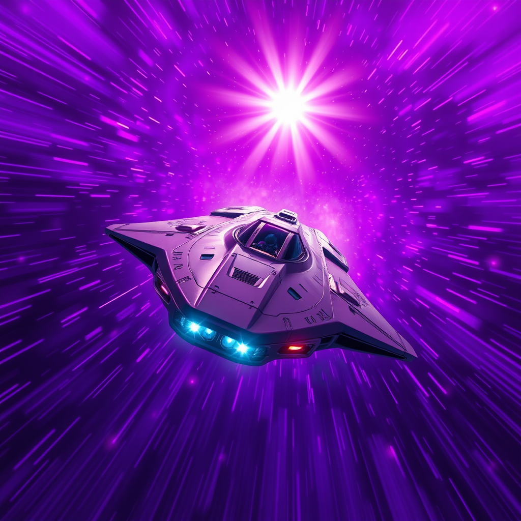 A futuristic spaceship traveling through a vibrant purple hyperspace, illuminated by a bright starburst in the background, captured with a DSLR camera at f/8 aperture, ISO 200, 24mm lens, with a wide-angle view and high saturation settings for enhanced color richness.