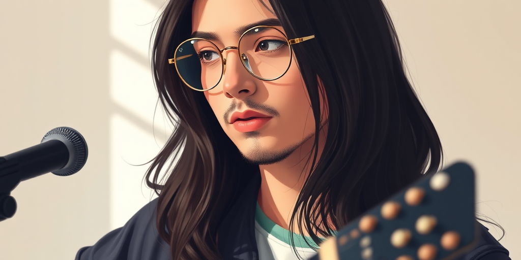 Generate a high-resolution illustration of a stylish, artistic portrait of a musician with long dark hair and round glasses, captured in soft natural lighting using a DSLR camera with a 50mm lens at f/1.8, with a shallow depth of field and a clean, minimalist background.