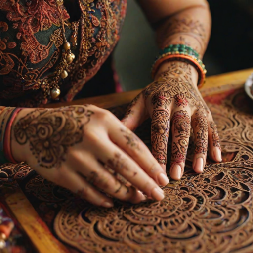 Close-up of a woman's hands creating intricate henna designs, her concentration evident, with vibrant colors and delicate patterns surrounding her workspace.
