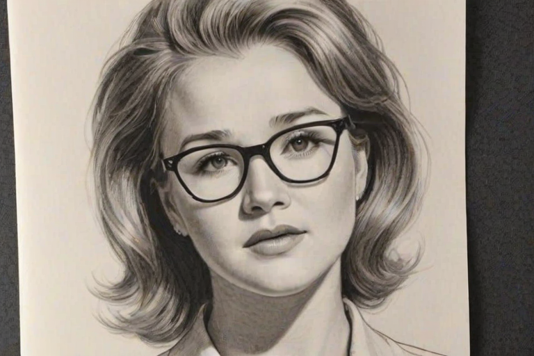 Ravishing Haley Joel Osment, pencil sketch, portrait of Gorgeous woman 1958s in glasses, hair style beatnik, outline, clear lines, fine lines, 8k