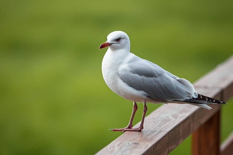 Capturing a close-up of a seagull perched on a wooden railing with a blurred green background, using a DSLR camera with a 100mm lens, aperture f/2.8, shutter speed 1/500s, ISO 200, daylight setting, shallow depth of field for emphasis on the bird.
