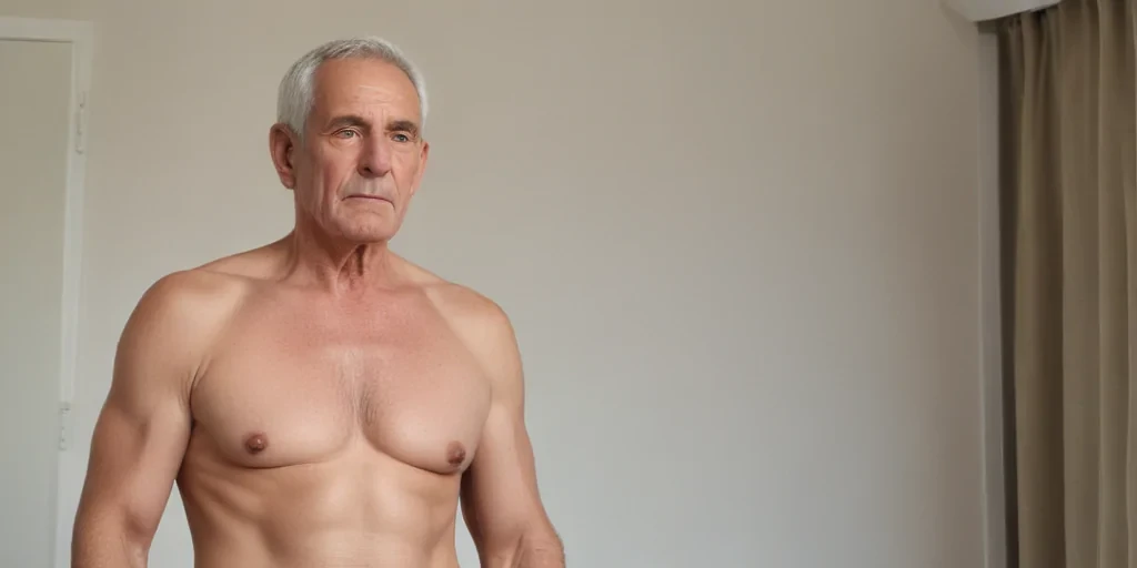 shirtless old man