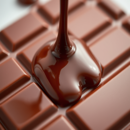 create an image of a smooth chocolate bar with glossy melted chocolate dripping from the top, focus on rich textures and deep brown colors, macro lens, f/2.8 aperture, ISO 100, studio lighting, DSLR camera, top-down view