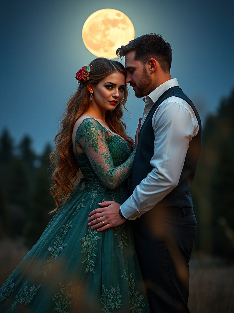 Create an enchanting scene of a fairytale couple standing together under a full moon, the woman in a detailed emerald gown with lace and floral accents, and the man in a dark vest, focus on their expressions, shallow depth of field, warm lighting, ISO 100, aperture f/2.8, 50mm lens, daytime settings with a hint of twilight shadows.