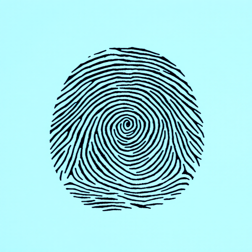 create a high-resolution image of a fingerprint on a light blue circular background with soft lighting, using a DSLR camera with a 50mm lens, aperture set to f/2.8, ISO 100, and a shallow depth of field for enhanced detail and clarity.