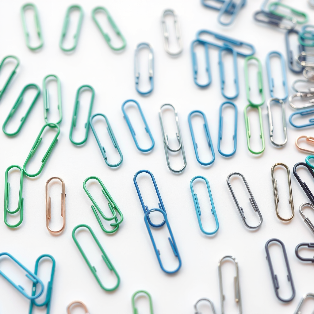 create an image of multiple rows of colorful paper clips in various shades of green, blue, and silver on a white background, using a high-resolution DSLR camera, f/8 aperture, 50mm lens, 1/125 shutter speed, and natural lighting to enhance details and contrast.