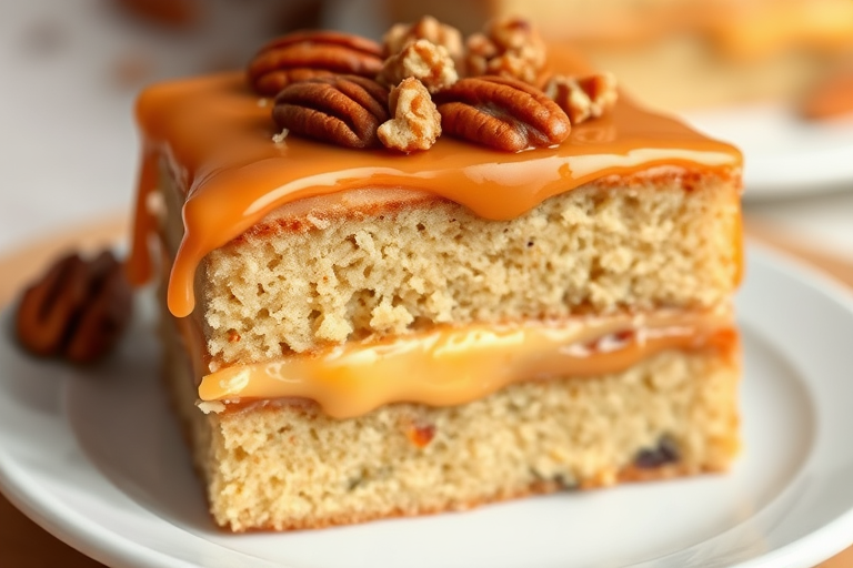 A slice of layered cake with creamy caramel filling and chopped pecans on top, showcasing its moist texture and rich caramel glaze.