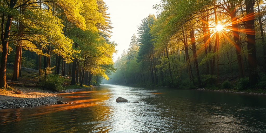 Create an image of a serene, sunlit forest scene with a clear, gently flowing river. Tall trees with lush green foliage line both sides of the river, their leaves bathed in the warm golden light of the setting or rising sun. The sunlight filters through the trees, casting soft, dappled light on the river, which flows over smooth rocks and pebbles, creating a peaceful, natural atmosphere. The sky is bright with a few scattered clouds, and the overall mood is tranquil, evoking a deep sense of connection with nature. The image captures the beauty of a calm, pristine forest landscape at either dawn or dusk.