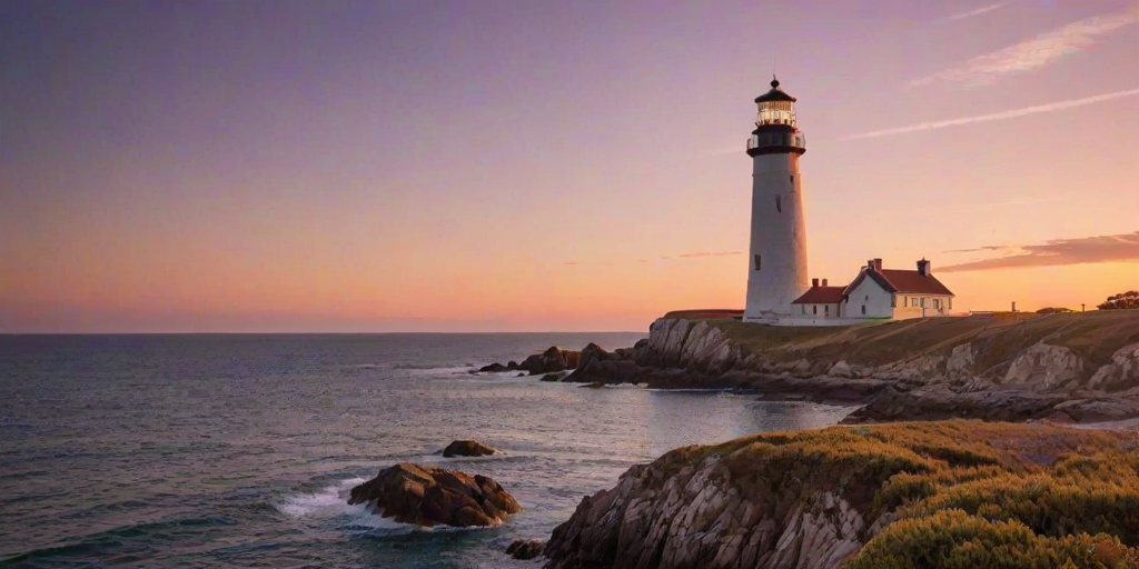 Generate an image of a tall lighthouse perched on a rocky outcrop surrounded by calm ocean waters during a breathtaking sunset. The lighthouse stands sturdy and weathered, its stone surface illuminated by the warm golden light of the setting sun. The sun's rays pass directly through the glass lantern room at the top of the lighthouse, casting a brilliant light across the scene. The sky is painted with vibrant shades of orange, pink, and purple, reflecting off the tranquil sea. The surrounding water shimmers with the same warm hues, creating a serene and majestic atmosphere.