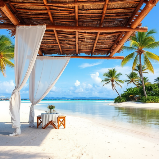 Create a picturesque tropical beach scene featuring a serene, white sandy shore. In the foreground, there's a rustic wooden canopy with white drapes gently flowing in the breeze. Underneath the canopy, a table is set with tropical decor, evoking a sense of relaxation and leisure. The beach extends into a calm, shallow water area with reflections of the sky and surroundings. Palm trees and lush greenery line the edge of the beach, providing a natural, tropical backdrop. The sky is clear with a few scattered clouds, and the overall atmosphere is tranquil and inviting, perfect for a peaceful retreat.