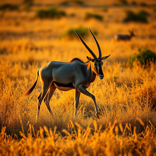 a solitary oryx walking in golden grassland during golden hour, shallow depth of field, 85mm lens, f/2.8 aperture, ISO 200, soft natural lighting, DSLR camera, side view angle