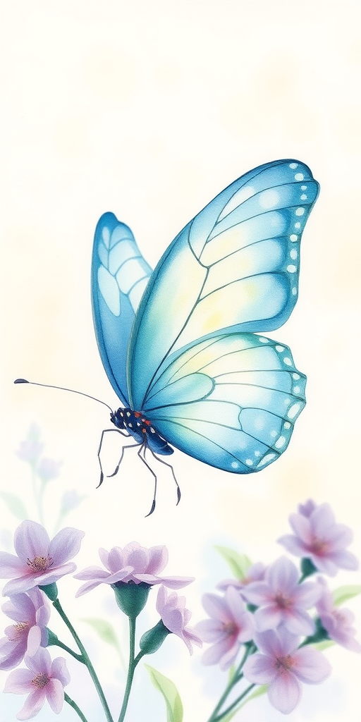 Create a watercolor painting of a butterfly with delicate blue and green hues, surrounded by soft purple flowers. The background should have a light, ethereal quality, blending colors to evoke a sense of tranquility and nature. Emphasize the intricate details of the butterfly's wings and the gentle beauty of the flowers.