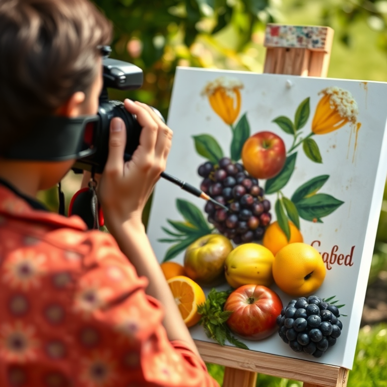 Create a vibrant outdoor scene of a person painting still life fruits on a canvas, using a DSLR camera with a 50mm lens, aperture set to f/2.8, ISO 200, and soft natural lighting to capture detailed textures and colors.