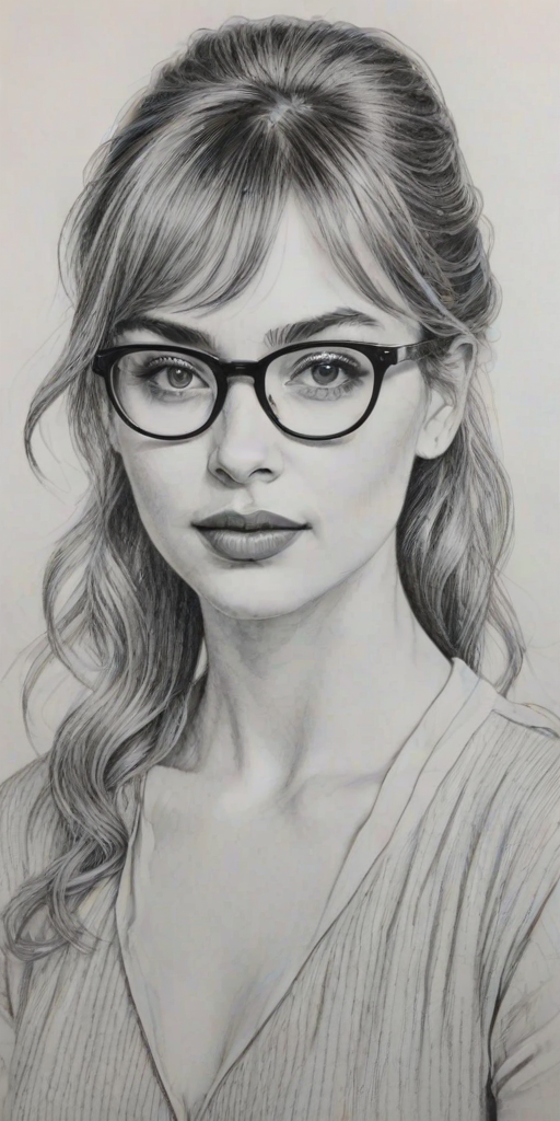 Pleasing Imogen Poots, pencil sketch, portrait of Magnificent woman 1944s in glasses, hair style beatnik, outline, clear lines, fine lines, 8k