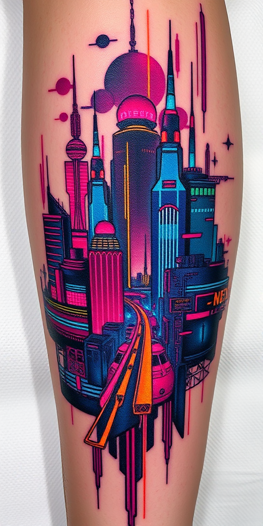 Cyberpunk-inspired tattoo called "Neon Nexus" depicting a futuristic cityscape with glowing neon accents and holographic elements, combining bold linework with subtle color gradients