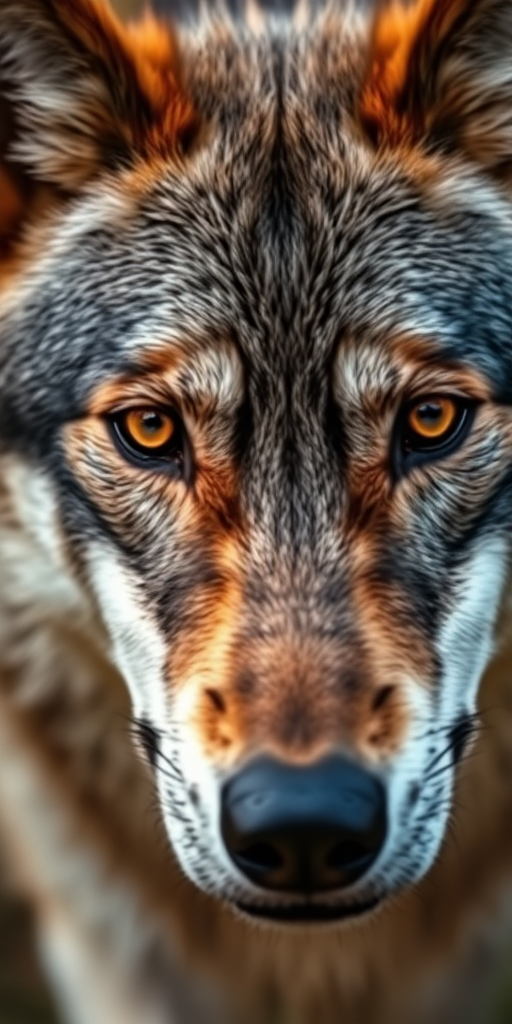 Generate a close-up portrait of a wolf with piercing amber eyes, shot at f/2.8 aperture, ISO 200, 1/500 sec shutter speed, using a DSLR camera with a 50mm lens in natural lighting to enhance detail and texture.