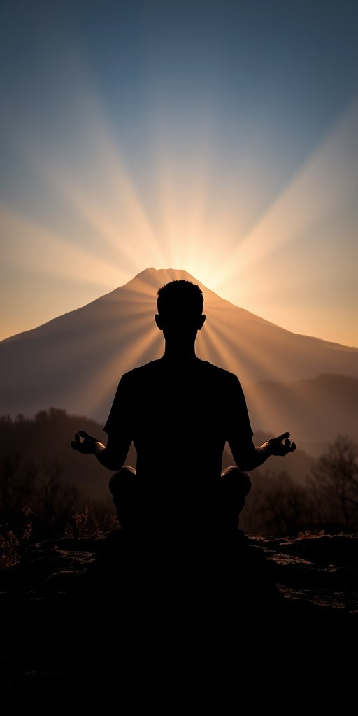 create an image of a silhouette of a person meditating in front of Mount Fuji during sunrise with soft rays of light emanating from the sun, shot with a Canon EOS R5, 50mm lens, aperture f/2.8, shutter speed 1/250s, ISO 100, landscape orientation, with a dreamy, ethereal atmosphere