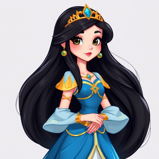Create an illustration of an animated princess with long dark hair, wearing a detailed flowing blue outfit and gold accessories. She stands confidently, exuding charm and grace.