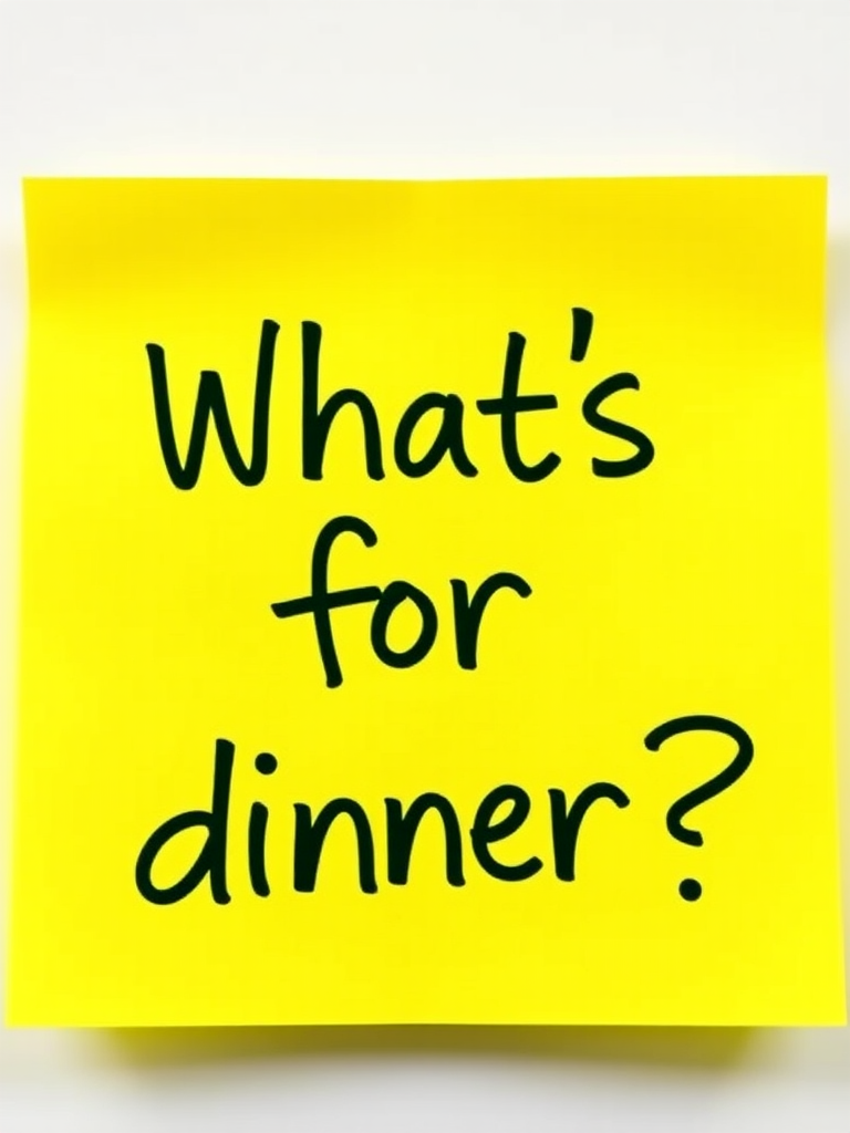 Yellow post-it note, hand written in green pen text "What's for dinner??", 3d, hd, hyper realistic,