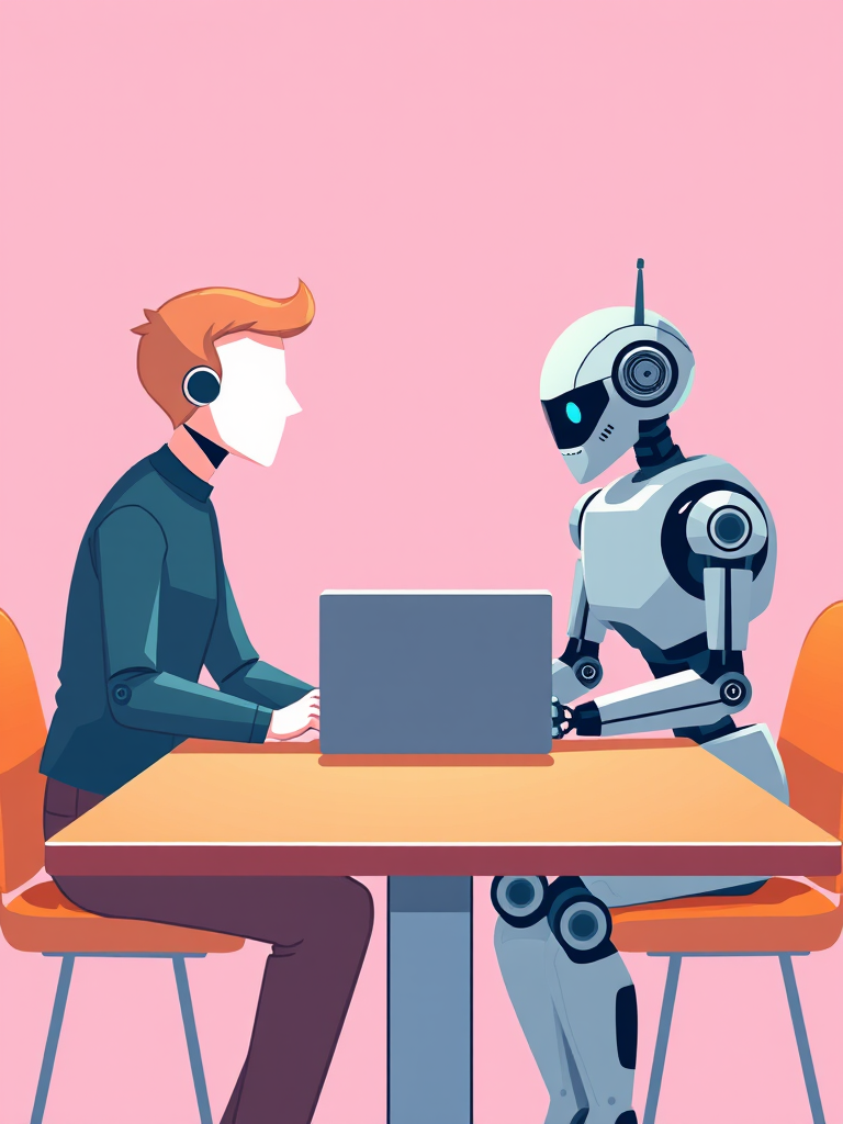Create a digital illustration of a human and a robot having a conversation at a table with a laptop between them, in a flat design style, using a 50mm lens, aperture f/4, ISO 200, and soft diffuse lighting to enhance clarity and color vibrancy.