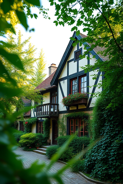 A picturesque half-timbered house surrounded by lush greenery, shot with a DSLR camera using a 35mm lens, f/8 aperture, ISO 200, in soft natural lighting from an eye-level perspective, with a shallow depth of field to enhance the foreground details.